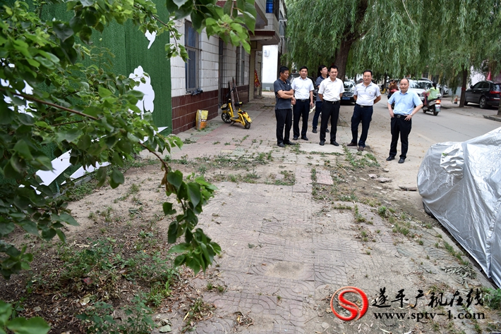 上图:县委副书记尹永彪与相关部门负责人在民安西路查看面砖破损情况,并责成城管局尽快修复。